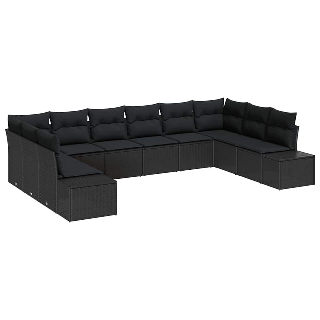 Havesofa Sæt med pude 10 pcs Sort polyrattan