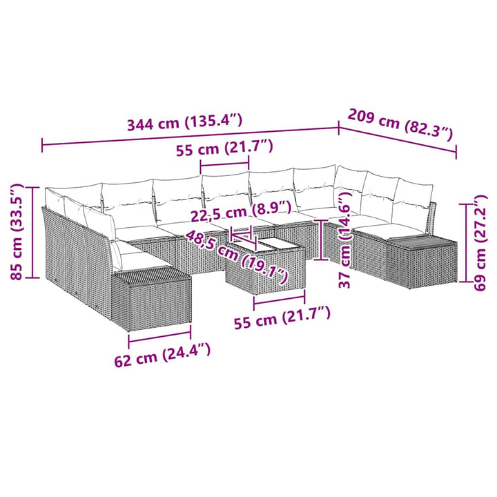 Havesofa Sæt med pude 11 pcs Grå polyrattan