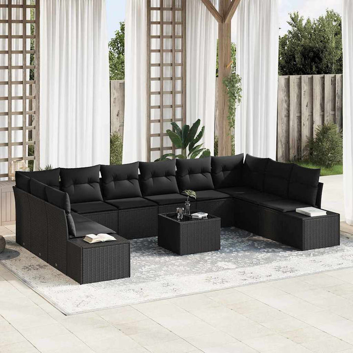 Havesofa Sæt med pude 11 pcs Sort polyrattan