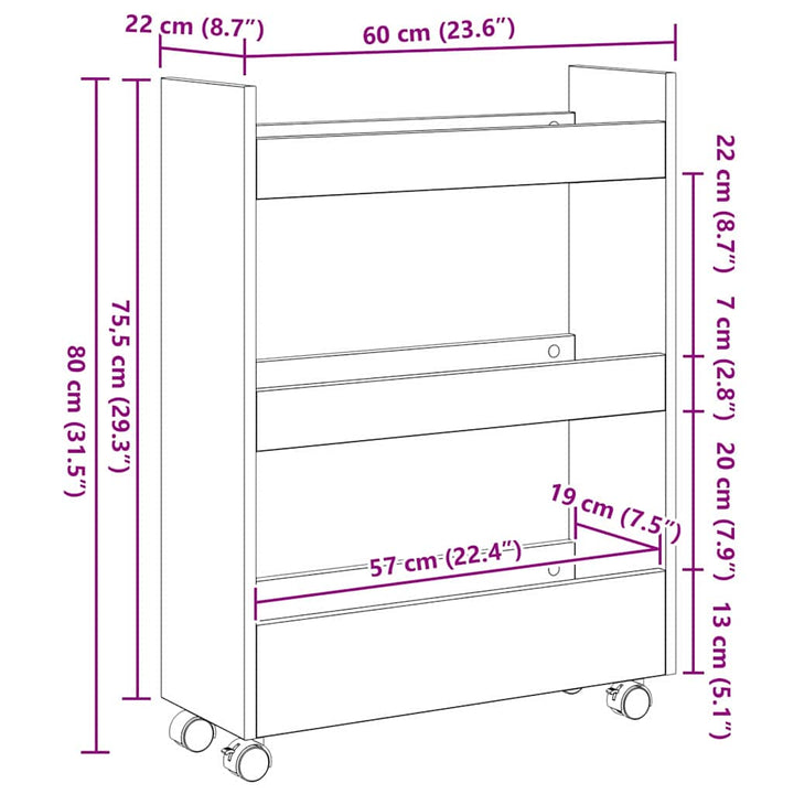 Narrow Storage Trolley Sort eg 60 x 22 x 80 cm Konstrueret træ
