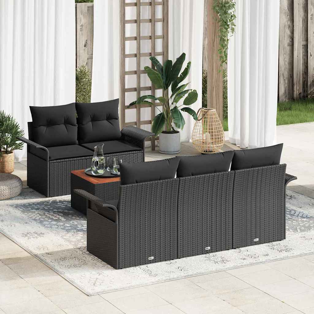 Havesofa Sæt med pude 6 pcs Sort polyrattan