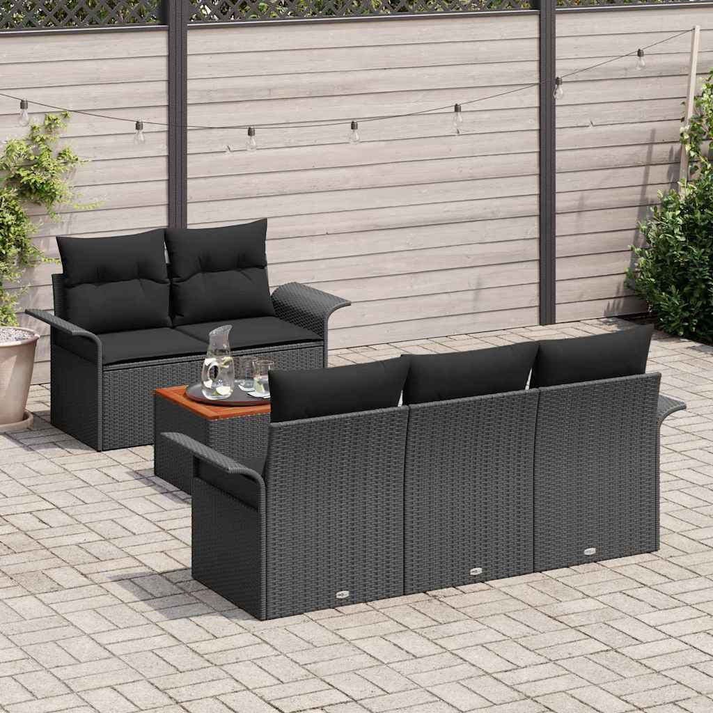 Havesofa Sæt med pude 6 pcs Sort polyrattan