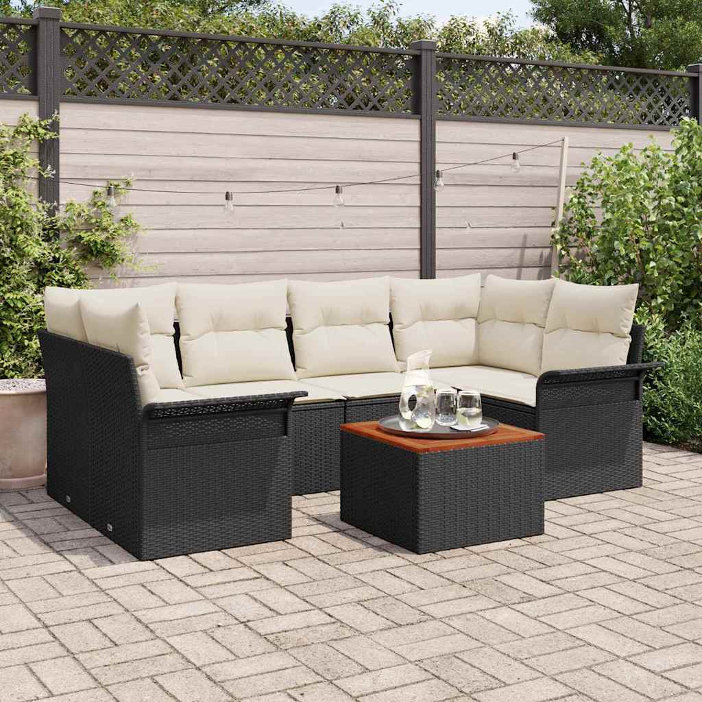 Havesofa Sæt med pude 7 pcs Sort polyrattan