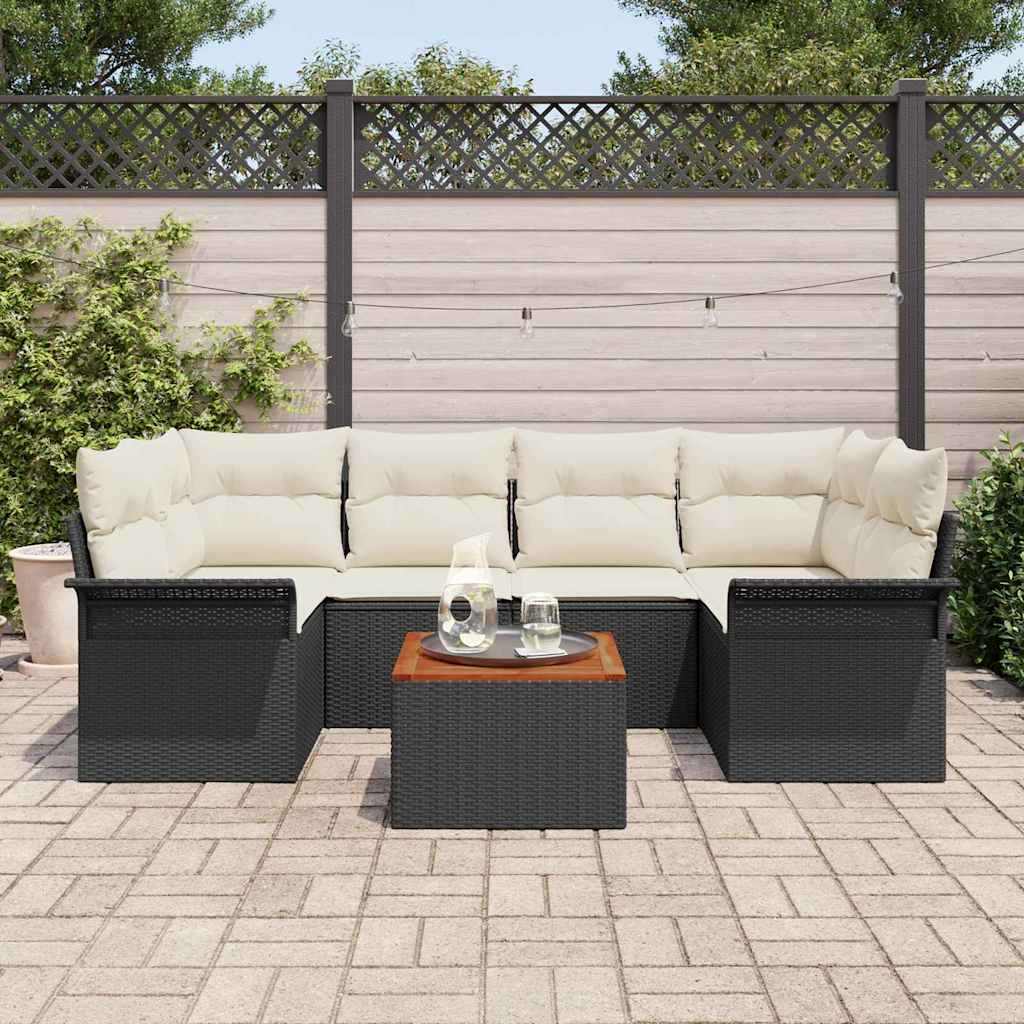Havesofa Sæt med pude 7 pcs Sort polyrattan