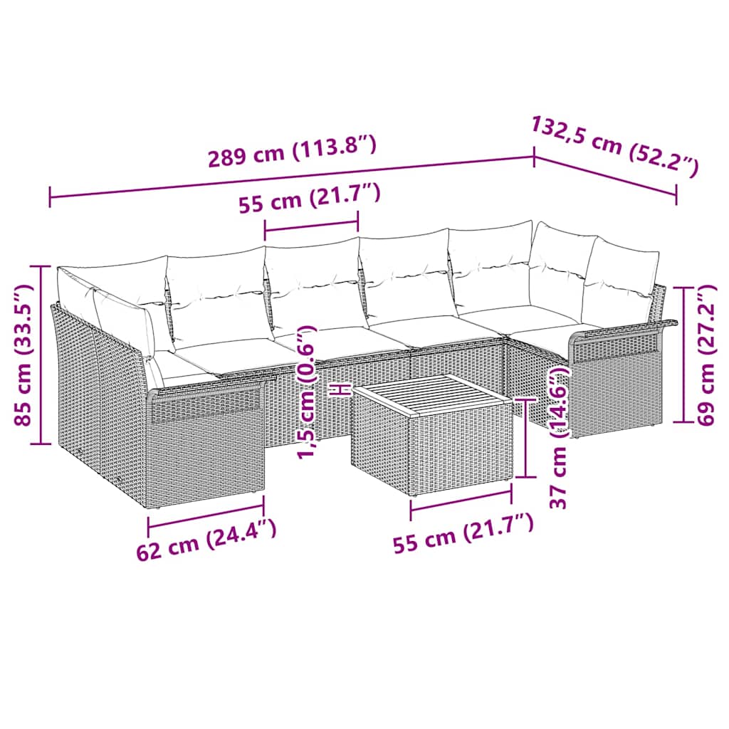 Havesofa Sæt 8 stk. Sort polyrattan