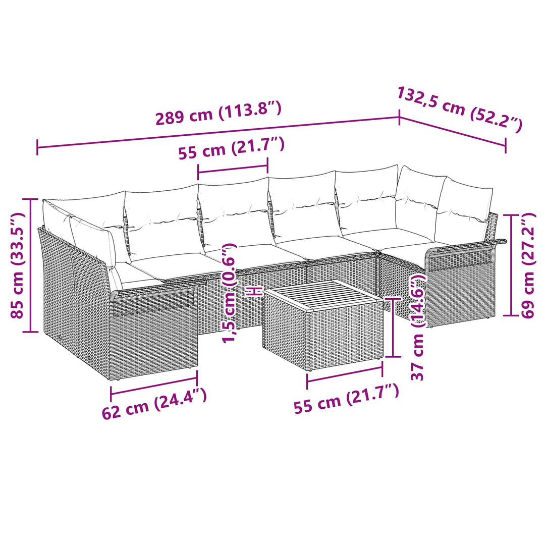Havesofa Sæt med pude 8 pcs Sort polyrattan