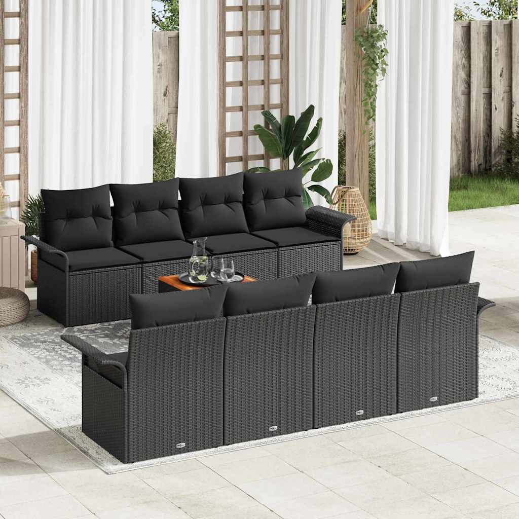 Havesofa Sæt med pude 9 pcs Sort polyrattan