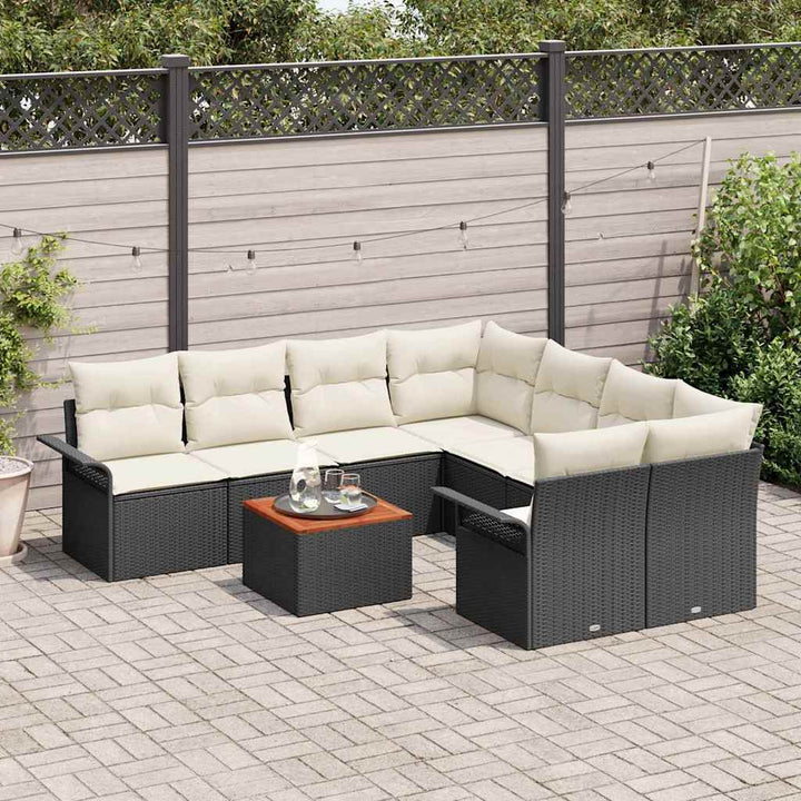 Havesofa Sæt med pude 9 pcs Sort polyrattan