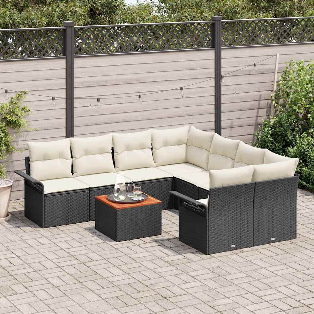 Havesofa Sæt med pude 9 pcs Sort polyrattan