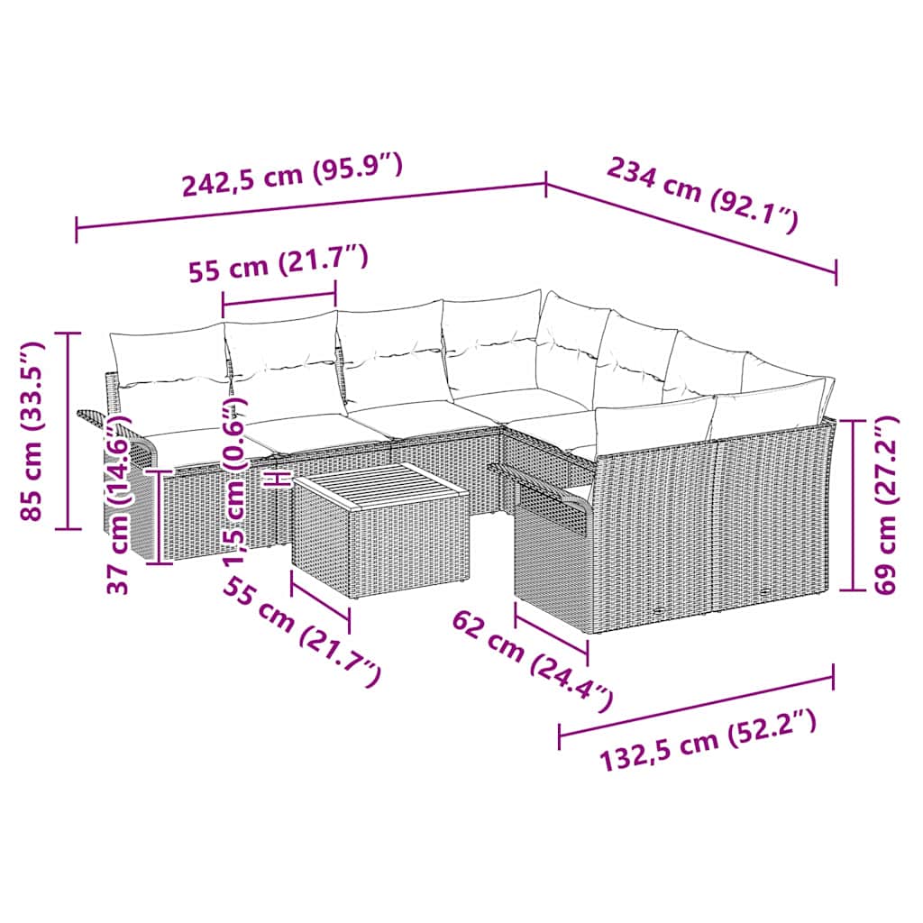 Havesofa Sæt med pude 9 pcs Beige polyrattan