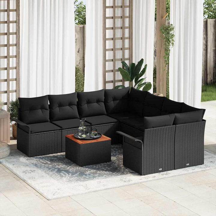 Havesofa Sæt med pude 9 pcs Sort polyrattan