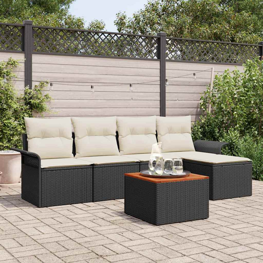 Havesofa Sæt med pude 6 pcs Sort polyrattan