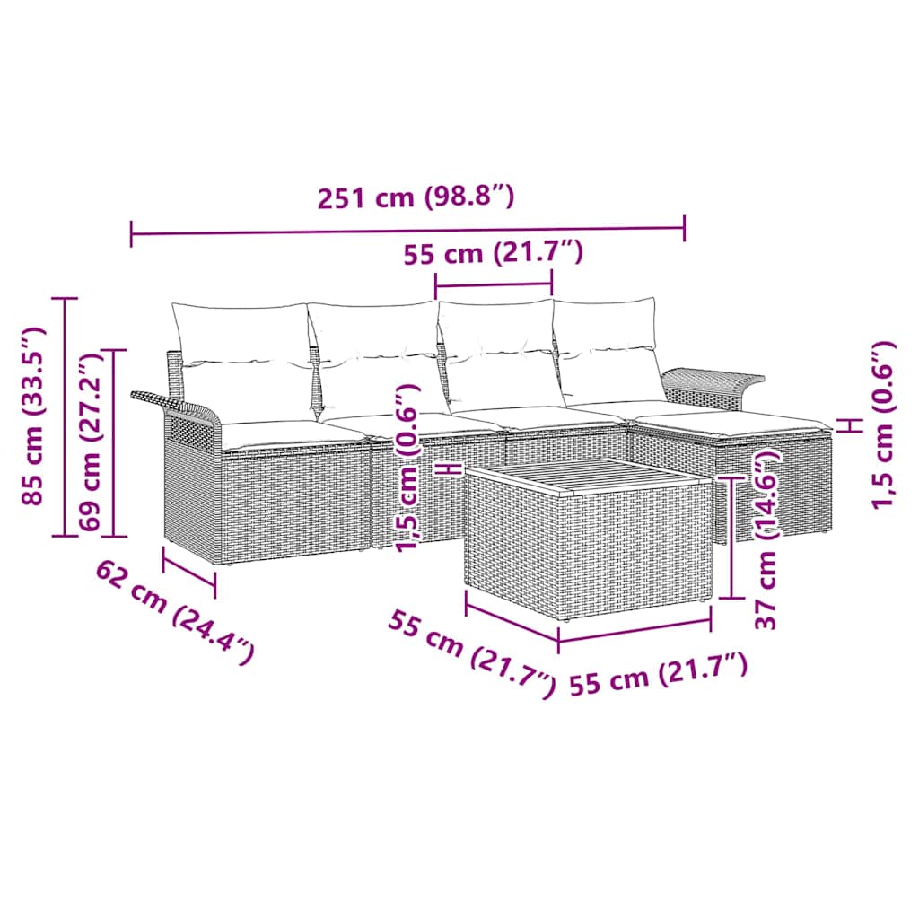 Havesofa Sæt med pude 6 pcs Sort polyrattan