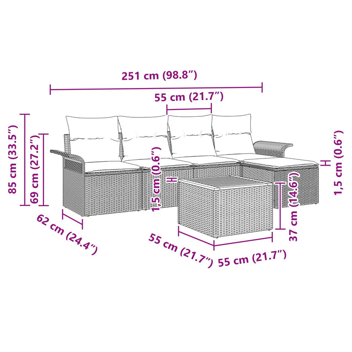 Havesofa Sæt med pude 6 pcs Sort polyrattan