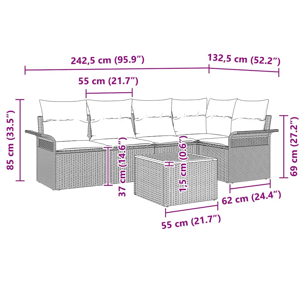 Havesofa Sæt 6 stk. Sort polyrattan