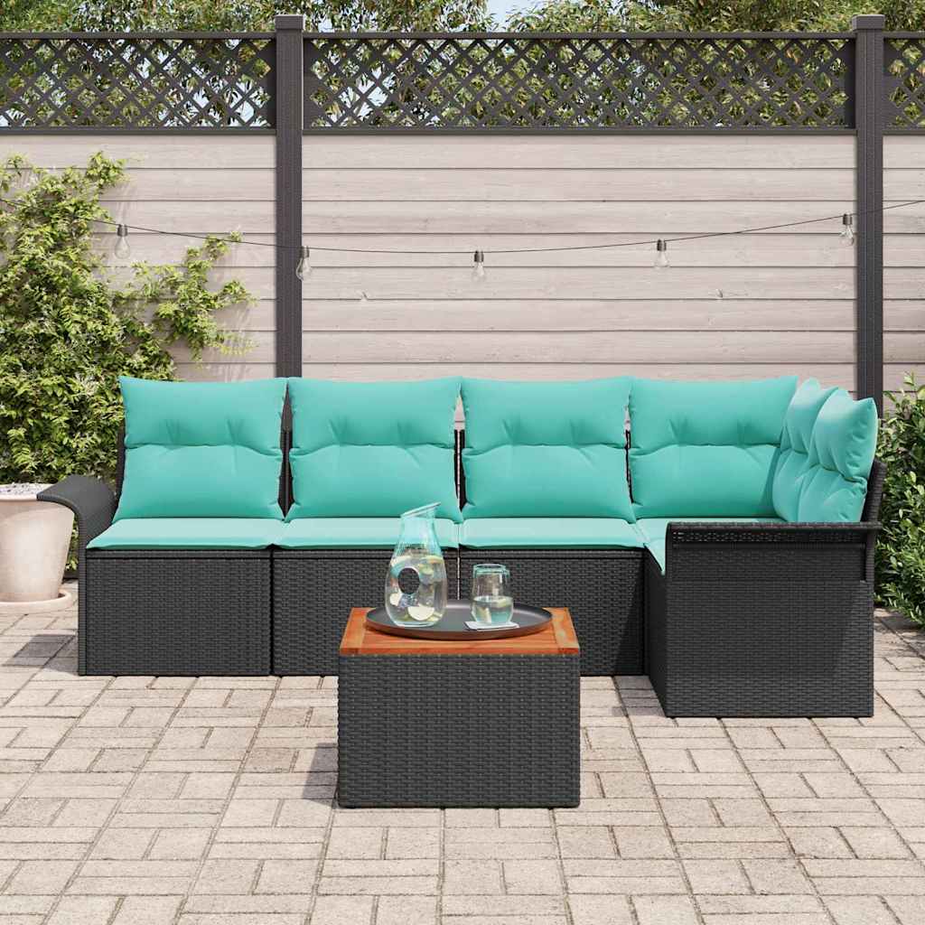 Havesofa Sæt med pude 6 pcs Sort polyrattan