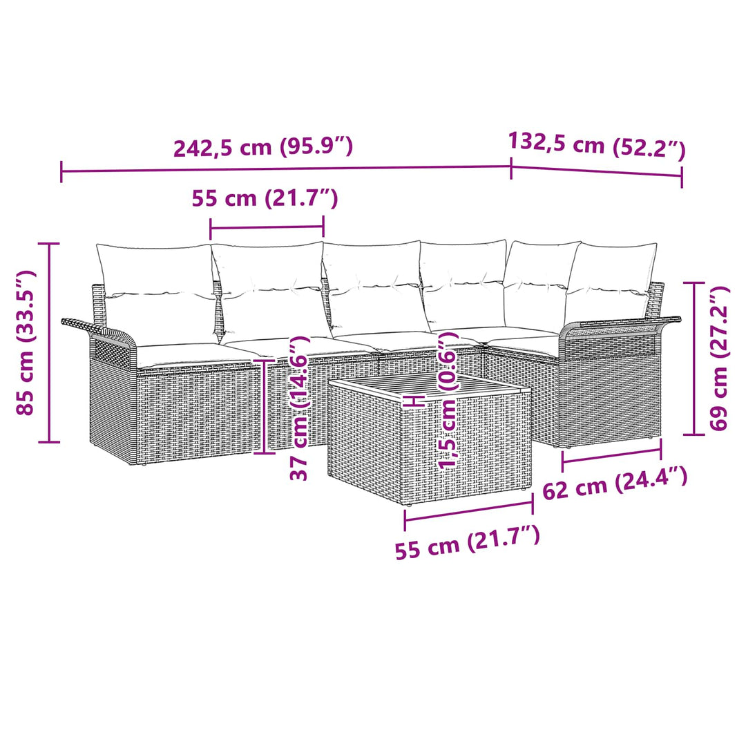 Havesofa Sæt med pude 6 pcs Sort polyrattan