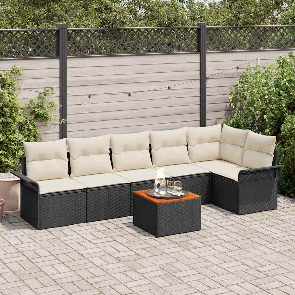 Havesofa Sæt med pude 7 pcs Sort polyrattan