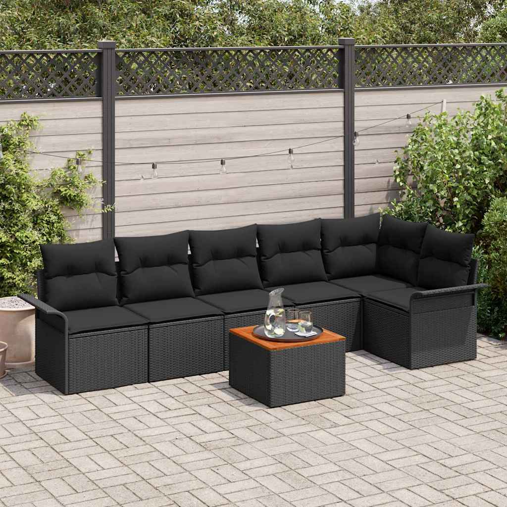 Havesofa Sæt med pude 7 pcs Sort polyrattan