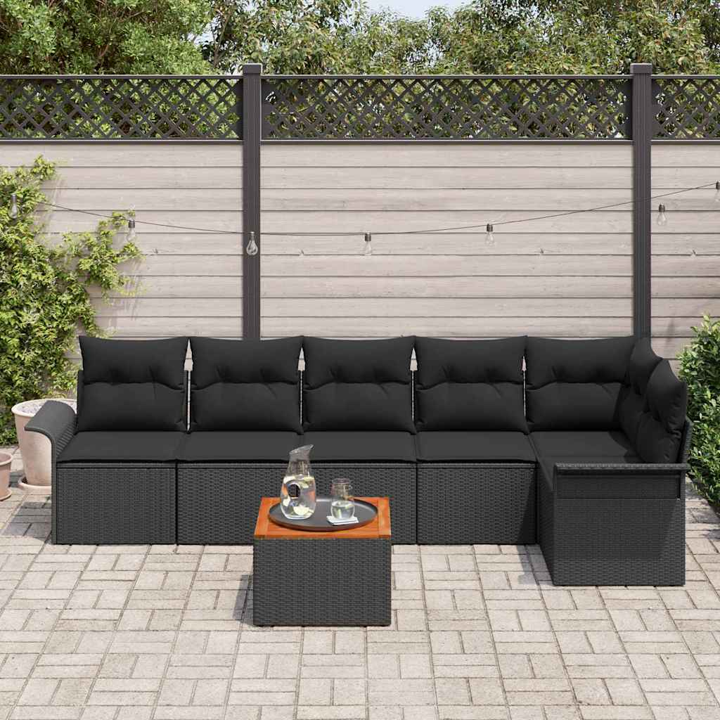 Havesofa Sæt med pude 7 pcs Sort polyrattan