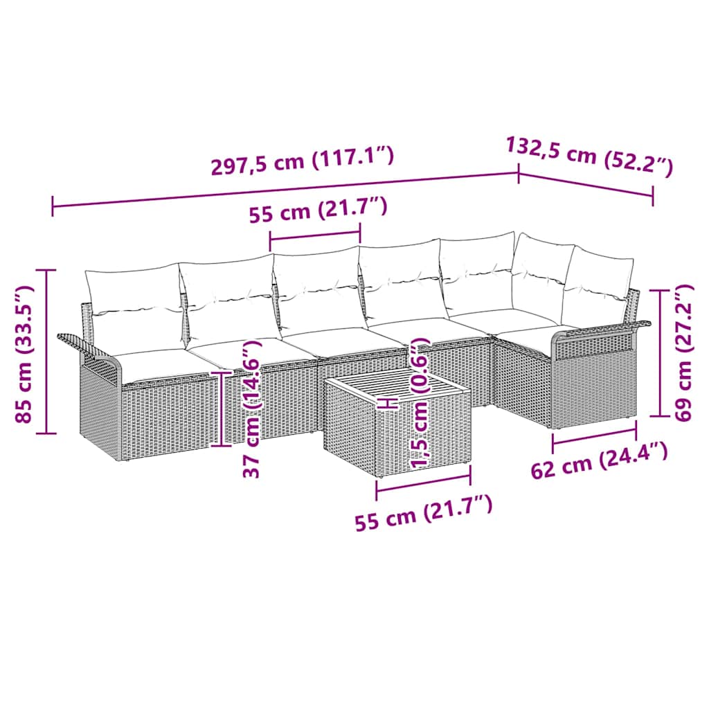 Havesofa Sæt med pude 7 pcs Sort polyrattan