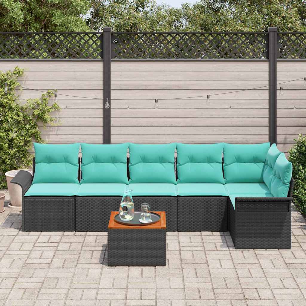 Havesofa Sæt med pude 7 pcs Sort polyrattan