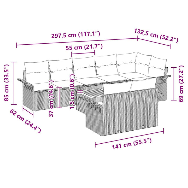 Havesofa Sæt med pude 9 pcs Grå polyrattan