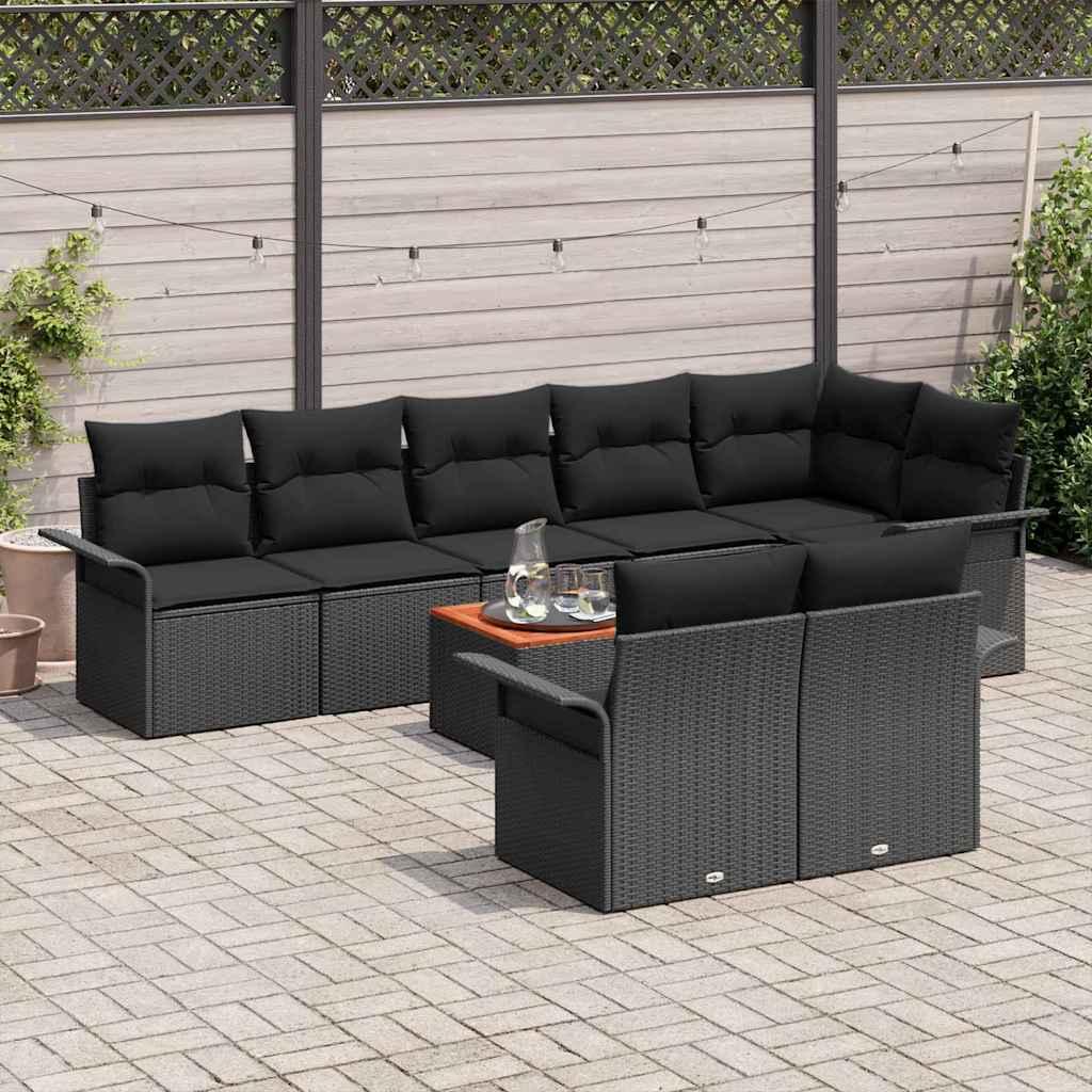 Havesofa Sæt med pude 9 pcs Sort polyrattan