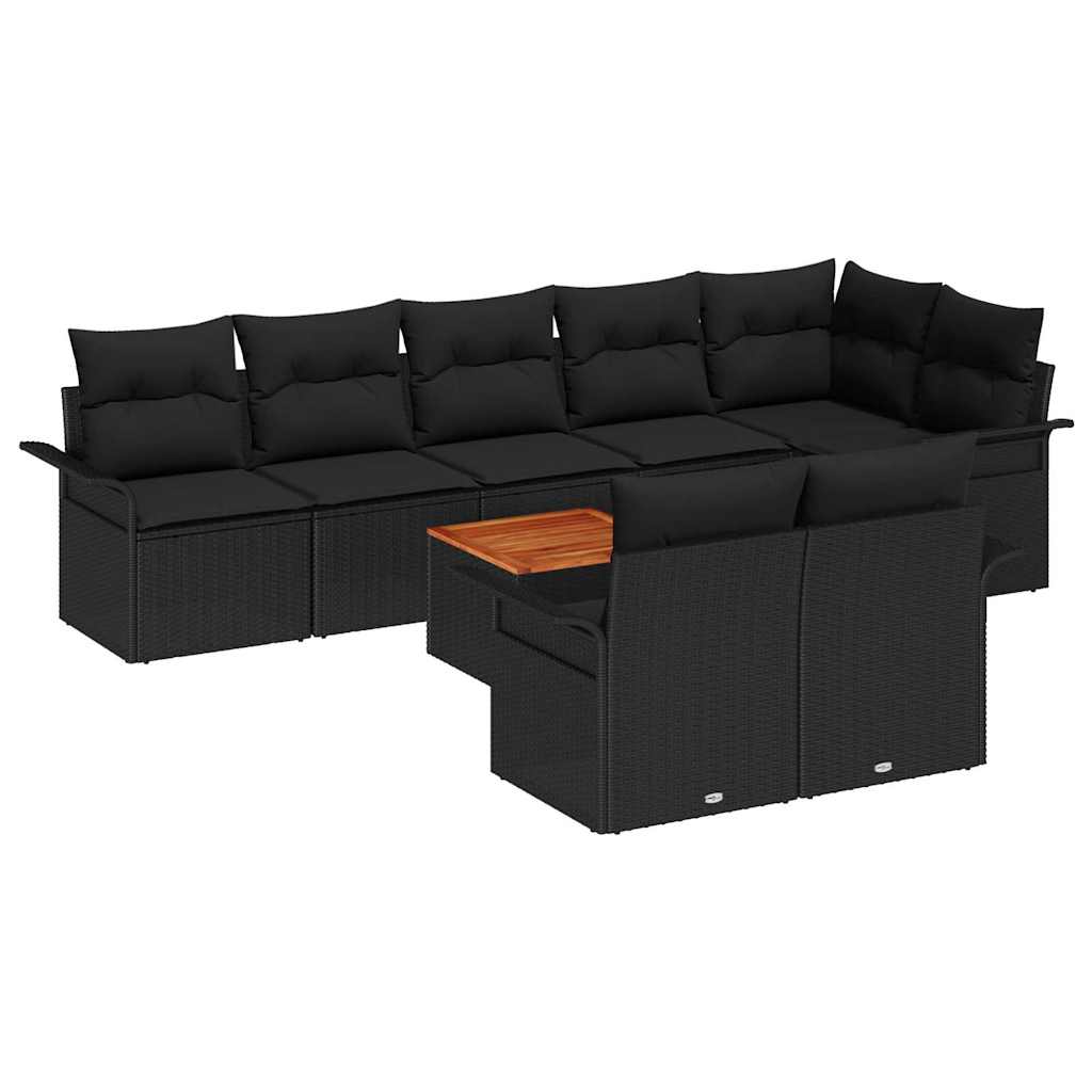 Havesofa Sæt med pude 9 pcs Sort polyrattan