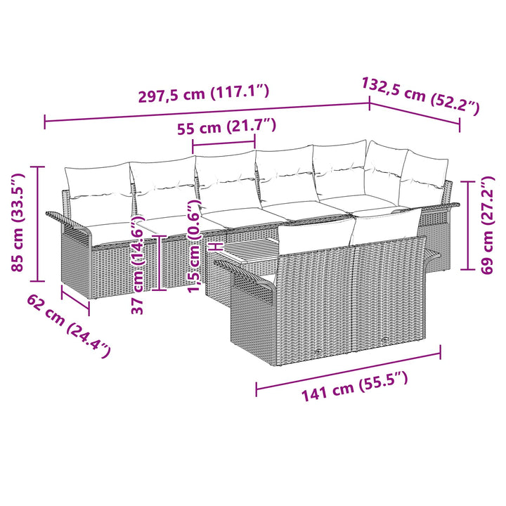 Havesofa Sæt med pude 9 pcs Grå polyrattan
