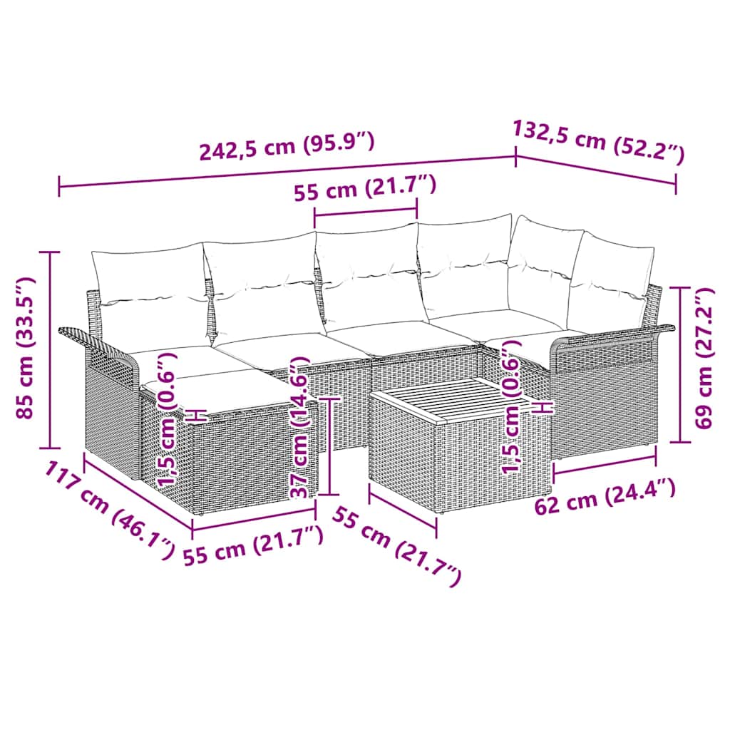 Havesofa Sæt 7 stk. Sort polyrattan