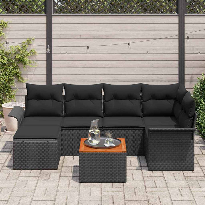 Havesofa Sæt med pude 7 pcs Sort polyrattan