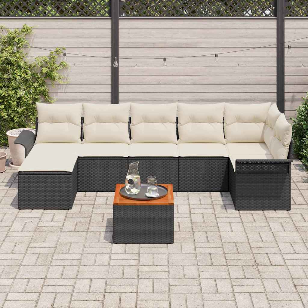 Havesofa Sæt med pude 8 pcs Sort polyrattan