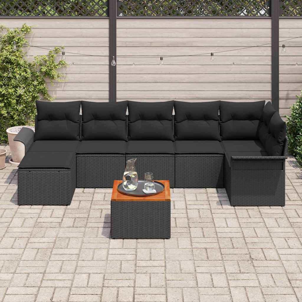 Havesofa Sæt med pude 8 pcs Sort polyrattan