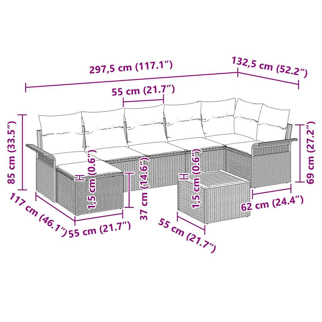 Havesofa Sæt med pude 8 pcs Sort polyrattan