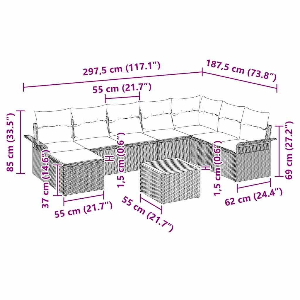 Havesofa Sæt 9 stk. Sort polyrattan