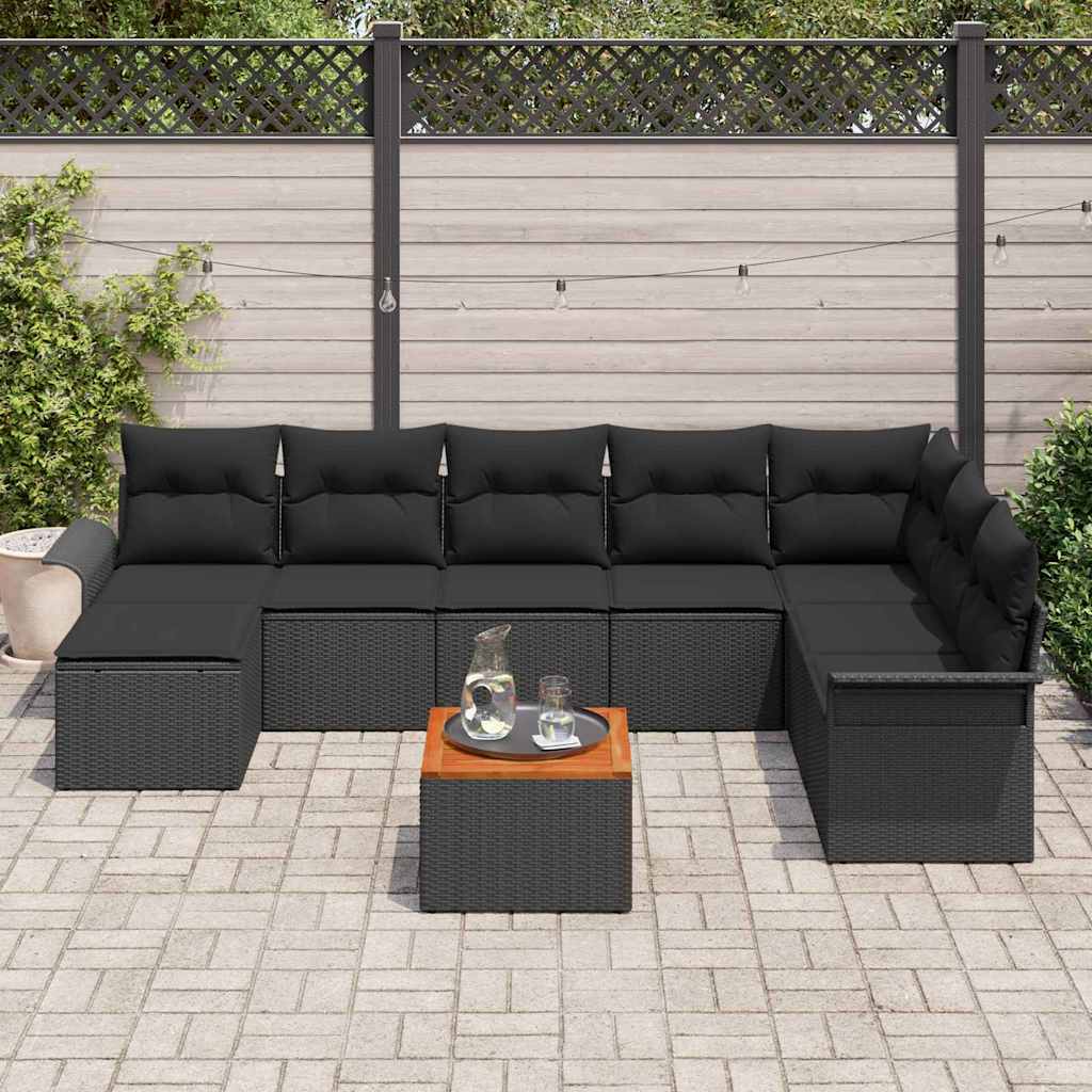 Havesofa Sæt med pude 9 pcs Sort polyrattan