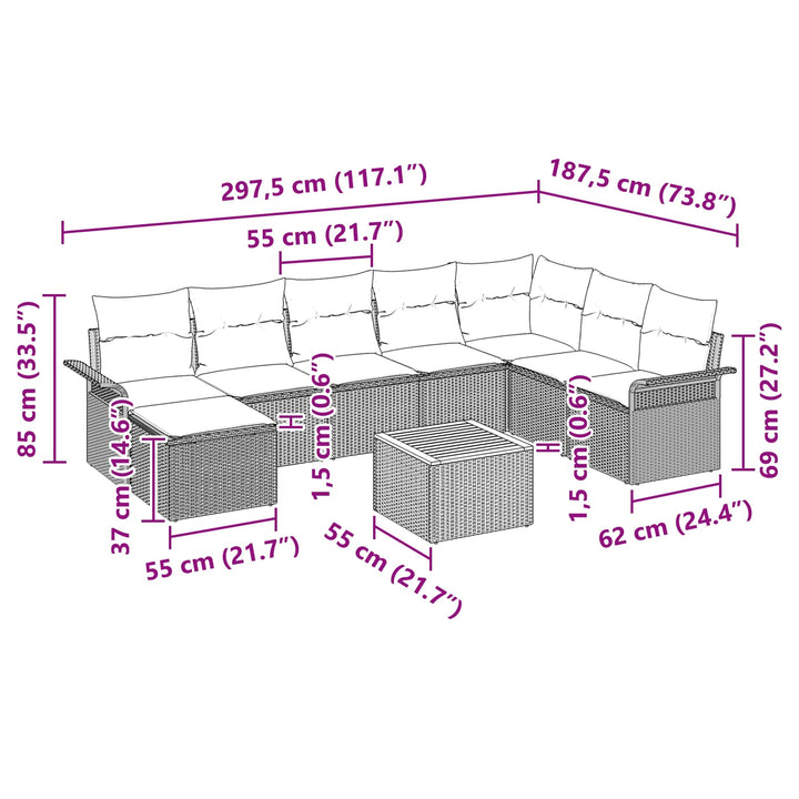 Havesofa Sæt med pude 9 pcs Grå polyrattan