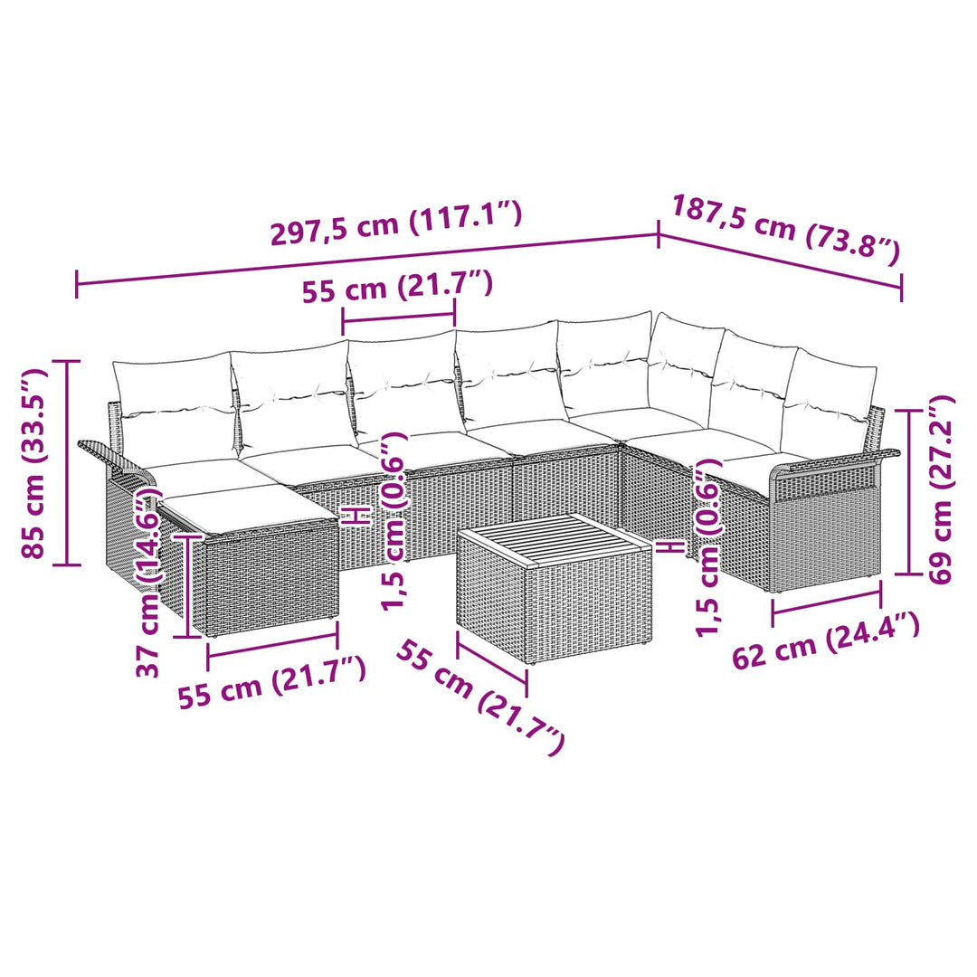 Havesofa Sæt med pude 9 pcs Sort polyrattan