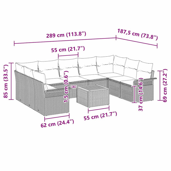 Havesofa Sæt med pude 10 pcs Sort polyrattan