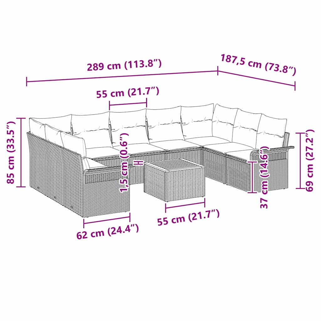 Havesofa Sæt med pude 10 pcs Grå polyrattan