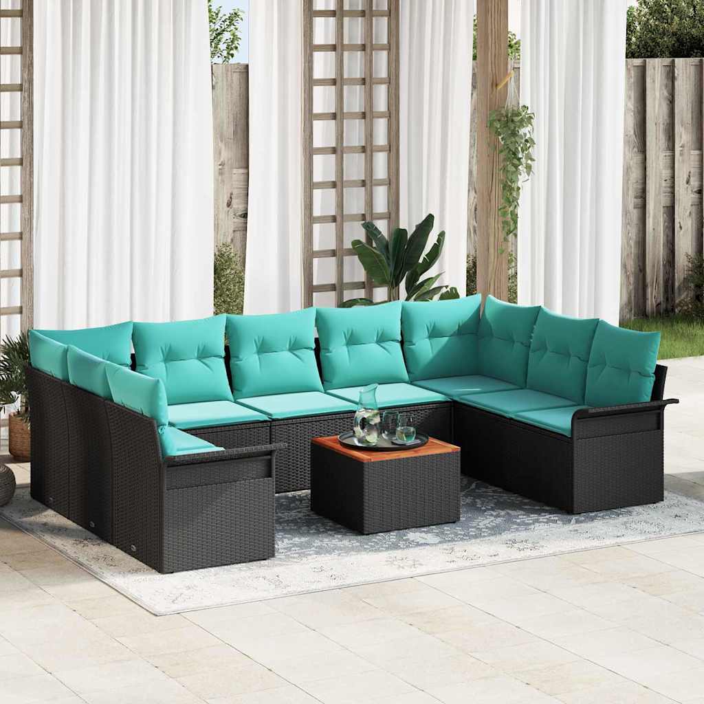 Havesofa Sæt med pude 10 pcs Sort polyrattan