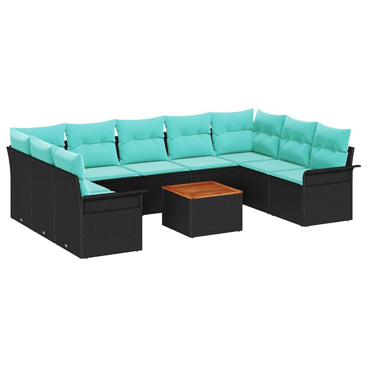 Havesofa Sæt med pude 10 pcs Sort polyrattan