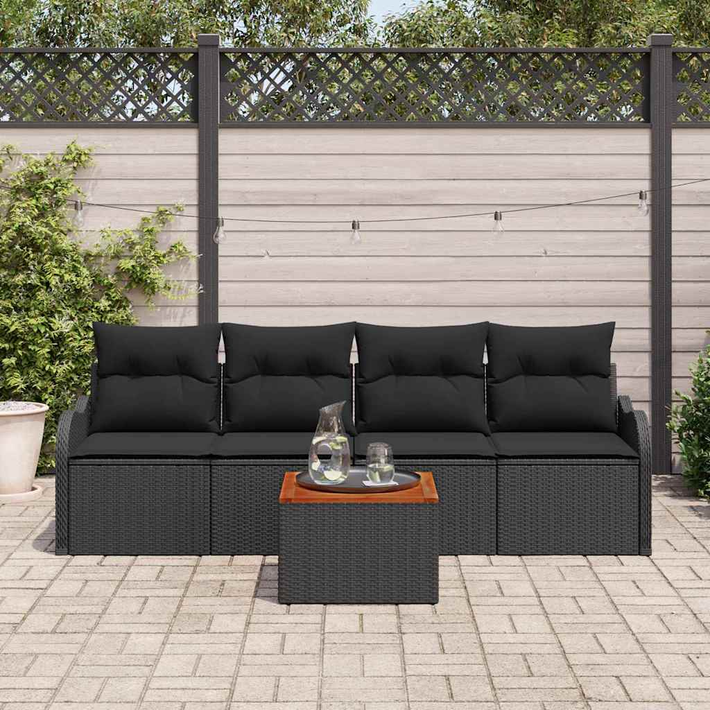 Havesofa Sæt med pude 5 pcs Sort polyrattan
