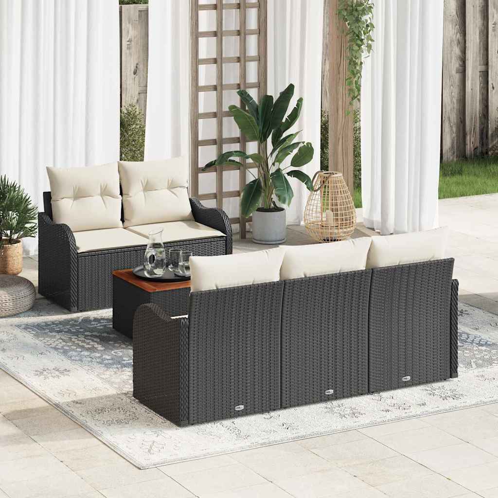 Havesofa Sæt med pude 6 pcs Sort polyrattan
