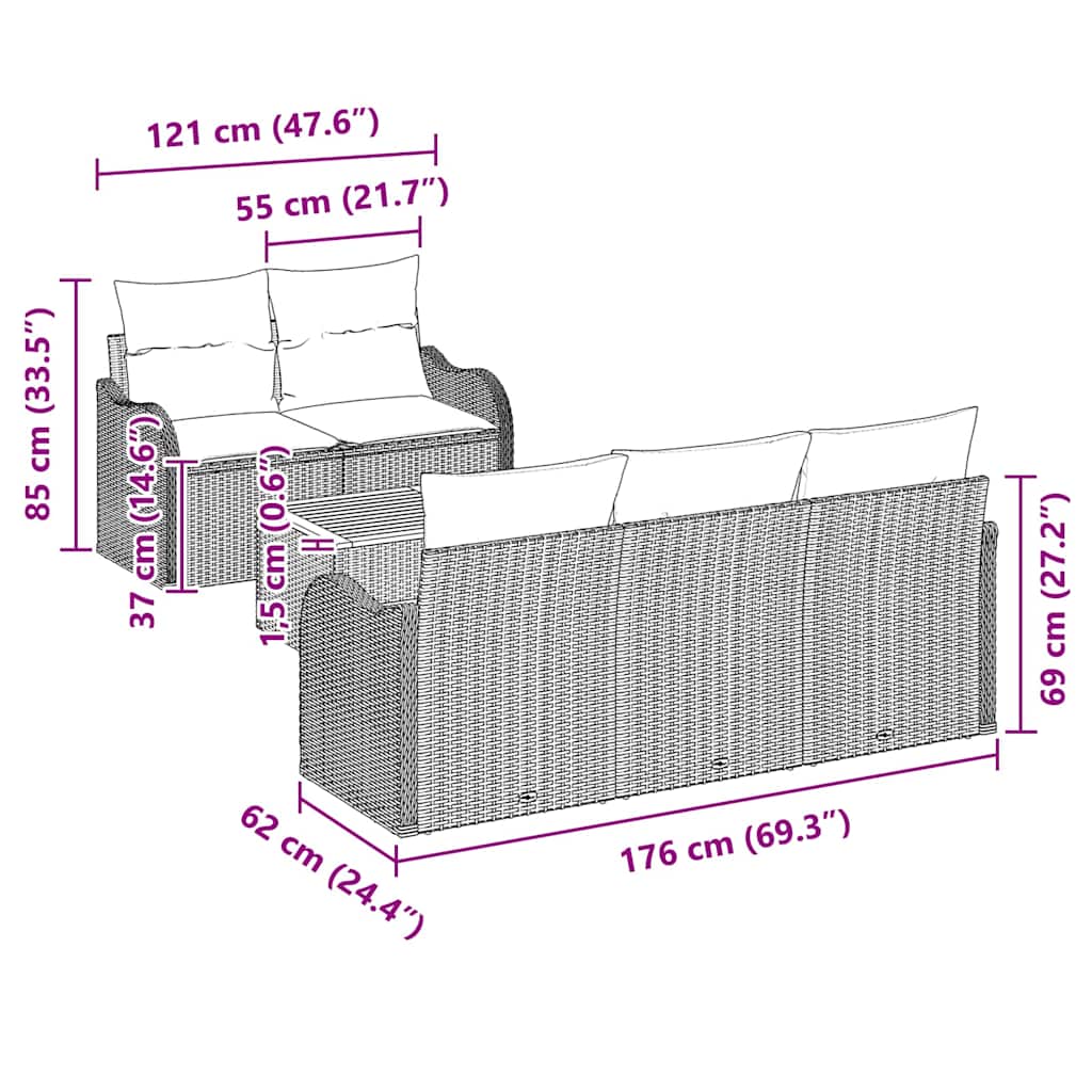 Havesofa Sæt med pude 6 pcs Sort polyrattan