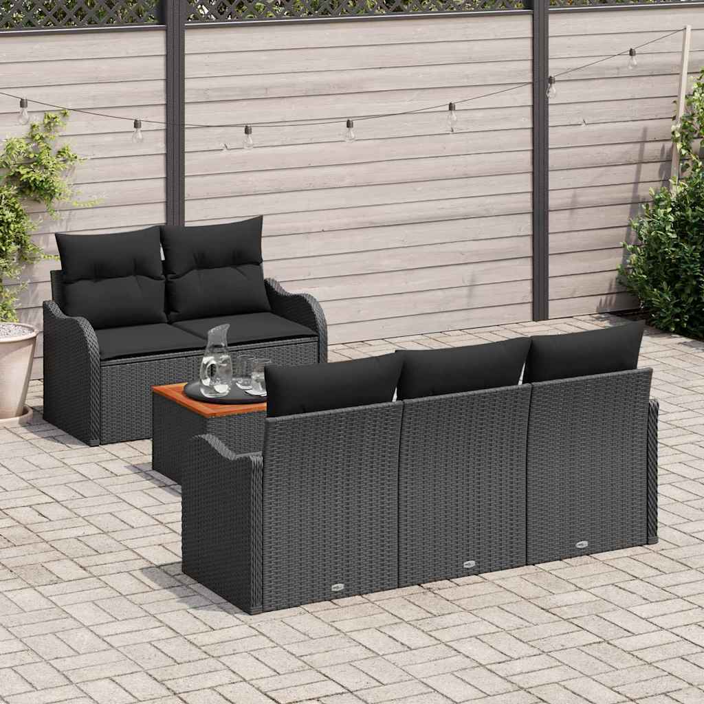 Havesofa Sæt med pude 6 pcs Sort polyrattan