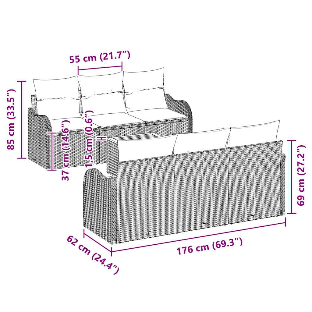 Havesofa Sæt med pude 7 pcs Sort polyrattan