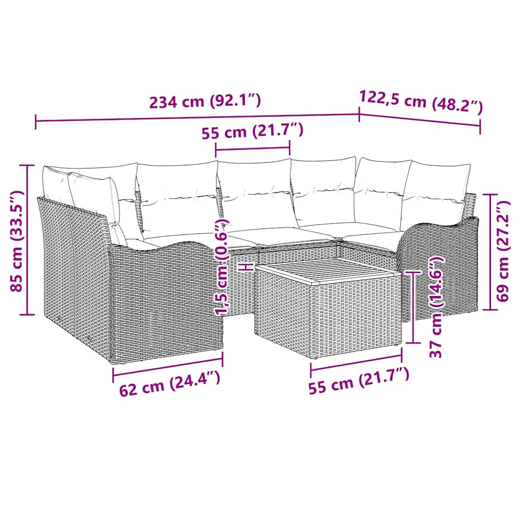 Havesofa Sæt med pude 7 pcs Sort polyrattan
