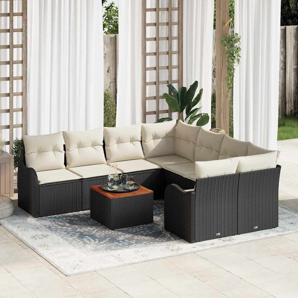 Havesofa Sæt med pude 9 pcs Sort polyrattan